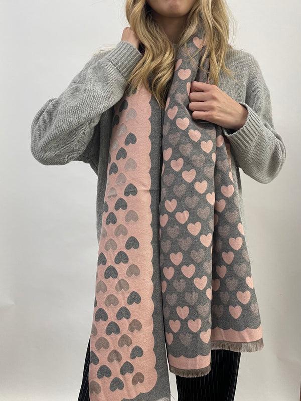 Svnx Soft Heart Printed Scarf In Pink & Grey