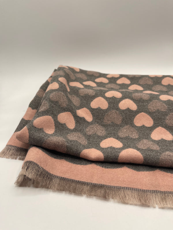 Svnx Soft Heart Printed Scarf In Pink & Grey