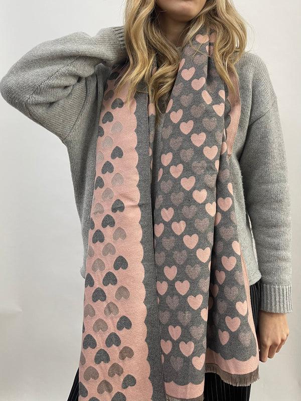 svnx Soft Heart Printed Scarf in Pink & Grey