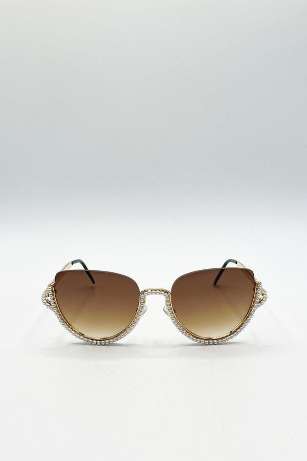 Svnx Upper Rimless Pearl Sunglasses In Gold Brown