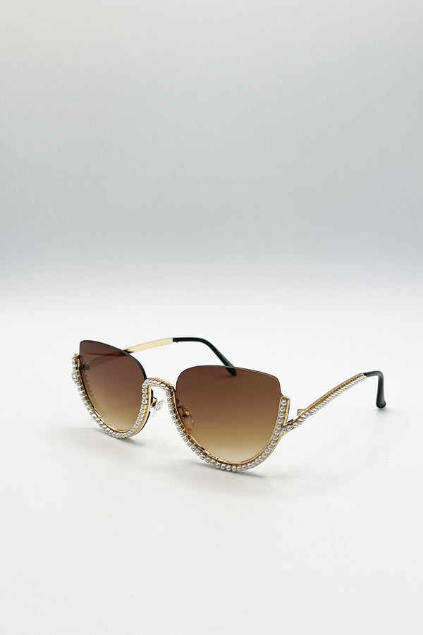 Svnx Upper Rimless Pearl Sunglasses In Gold Brown