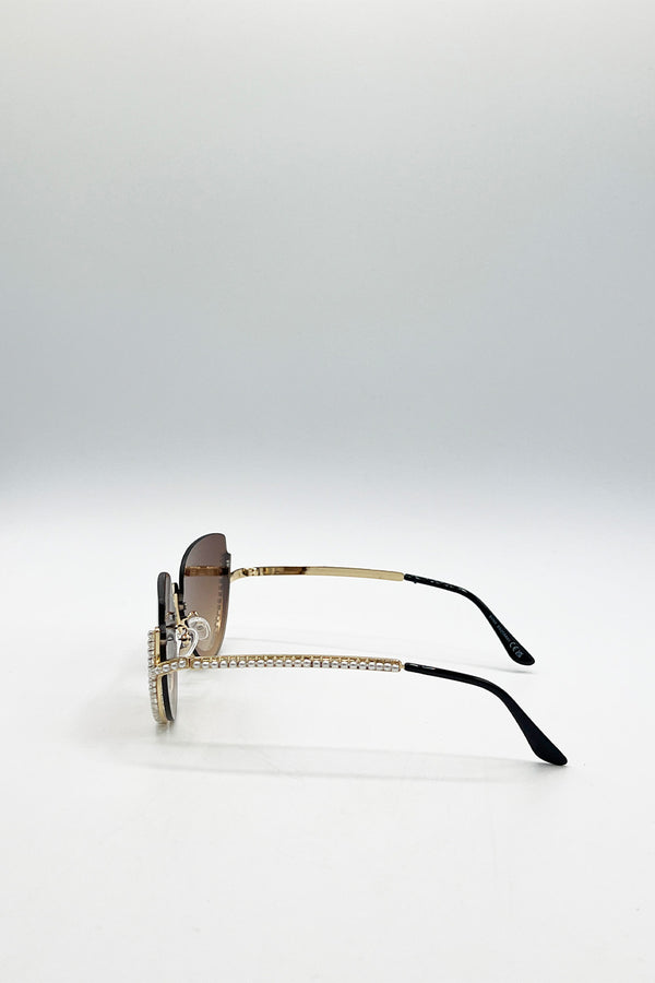 Svnx Upper Rimless Pearl Sunglasses In Gold Brown