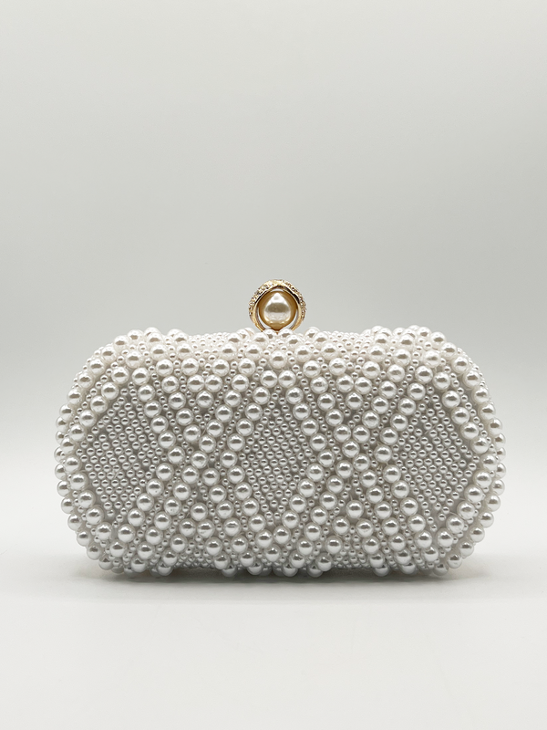 Svnx White Pearl Beaded Clutch Bag