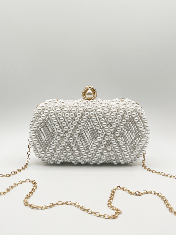 Svnx White Pearl Beaded Clutch Bag
