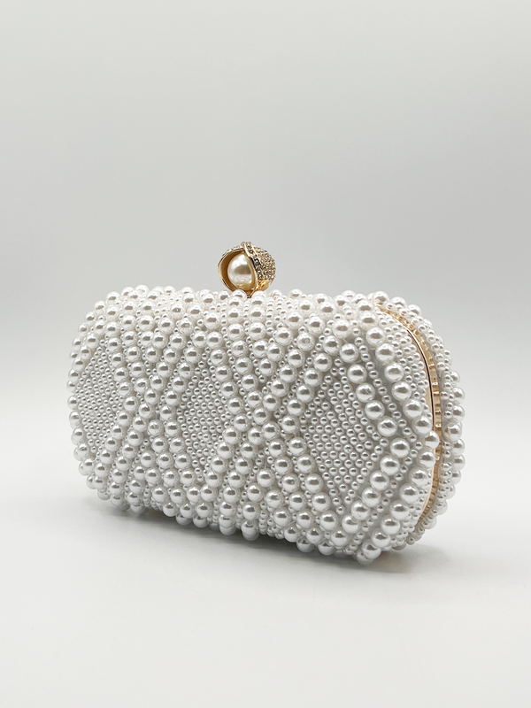 Svnx White Pearl Beaded Clutch Bag