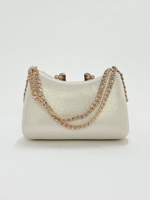 Svnx White Shimmer Grab Bag With Double Chain Strap