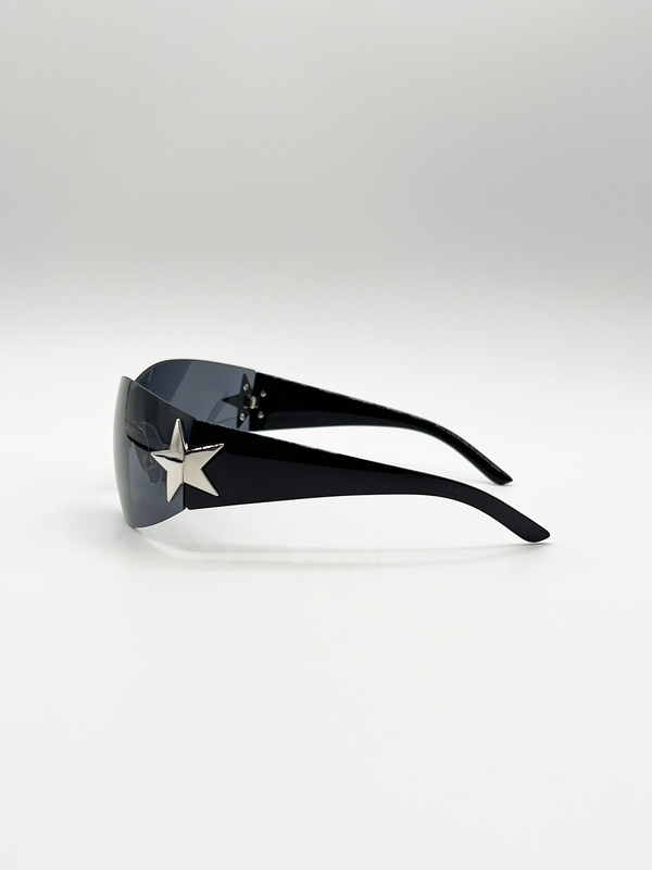Svnx Wrap Around Racer Sunglasses With Star Hinge Detail In Black