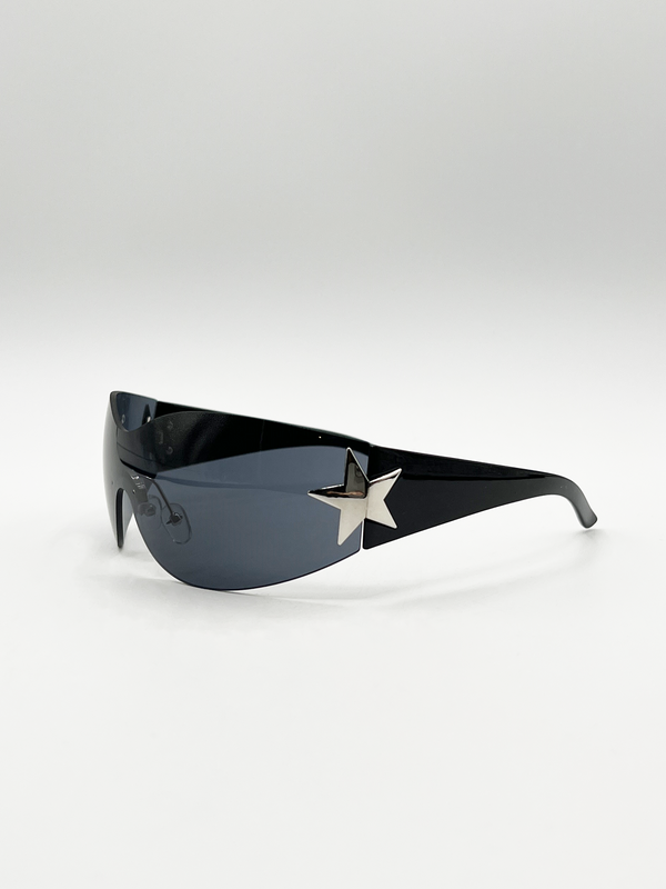 svnx Wrap Around Racer Sunglasses with Star Hinge Detail in Black