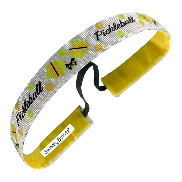 sweaty bands Pickleball | Script and Rackets | White Black Yellow | 5/8 Inch