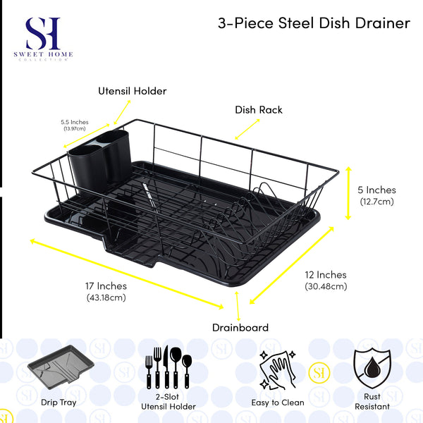 Sweet Home Collection 3-Piece Countertop Dish Drying Drainer Rack With Removable Utensil Holder And Drainboard