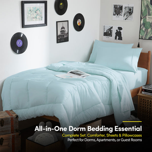 Sweet Home Collection 7PC Campus Ready Dorm Twin XL Bedding Bundle Solid Comforter Pillows And Sheet Set