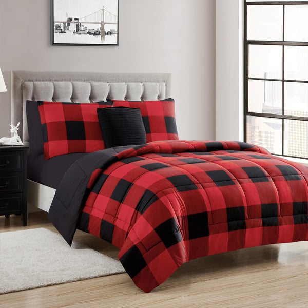 sweet home collection 8 Piece Buffalo Plaid Check Bed in a Bag Comforter and Black Sheet Set