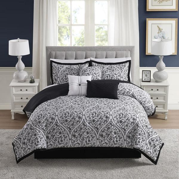 sweet home collection Trieste 7 Piece Damask Jacquard Comforter Set Queen White/Black