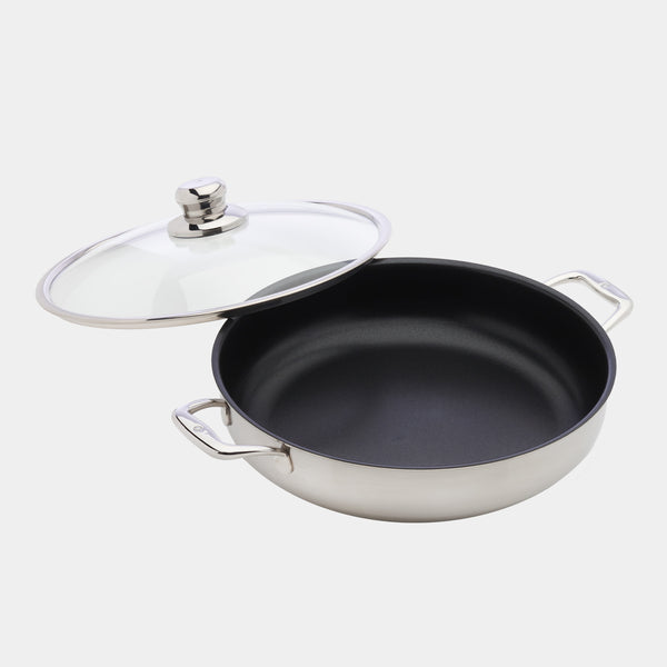 swiss diamond Nonstick Clad 5.8 qt Stainless Chef's Pan with Glass Lid - Induction