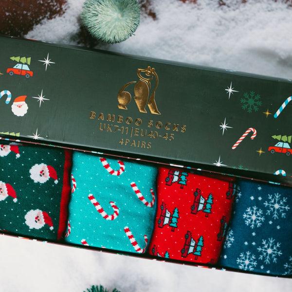 Swole Panda Motif Christmas Drawer Box - 4 Pairs Of Bamboo Socks (His)