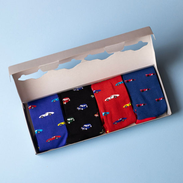 Swole Panda Racing Car Sock Box - 4 Pairs Of Bamboo Socks (His)