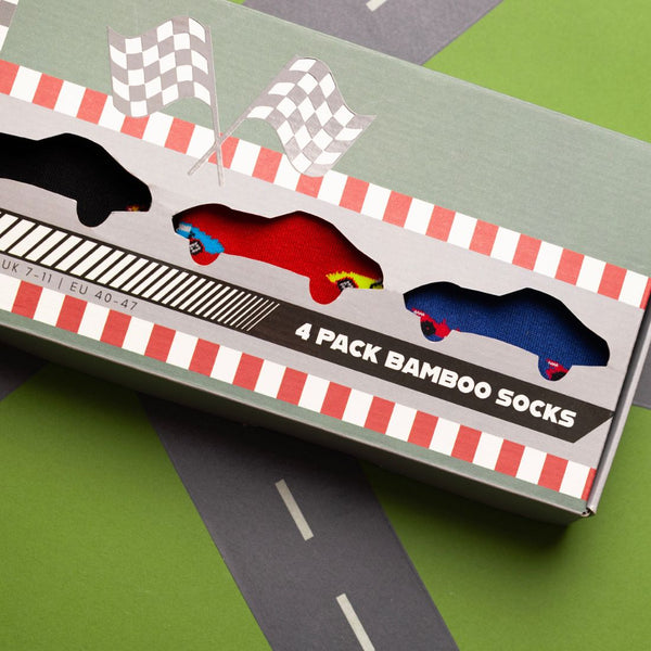 Swole Panda Racing Car Sock Box - 4 Pairs Of Bamboo Socks (His)
