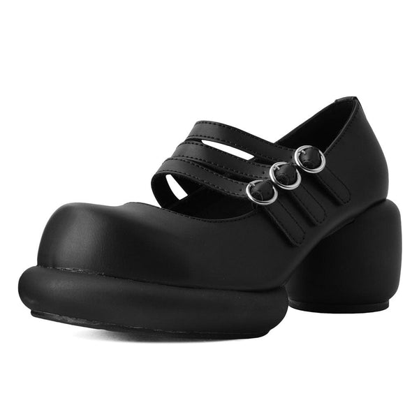 T.u.k Bubble Heel 3-Strap Mary Janes Black Vegan Leather