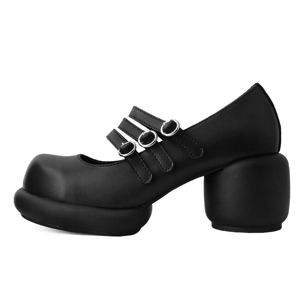 t.u.k Bubble Heel 3-Strap Mary Janes Black Vegan Leather