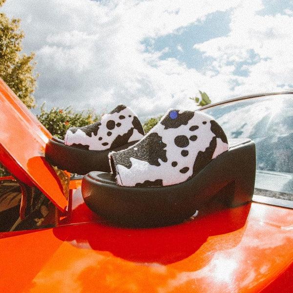 T.u.k Bubble Heel Mule Platform Sandal Cow Print Faux Fur