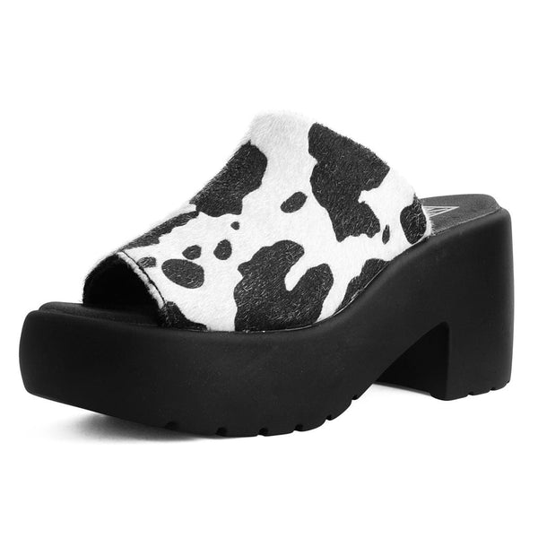 T.u.k Bubble Heel Mule Platform Sandal Cow Print Faux Fur
