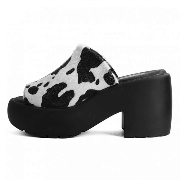 t.u.k Bubble Heel Mule Platform Sandal Cow Print Faux Fur