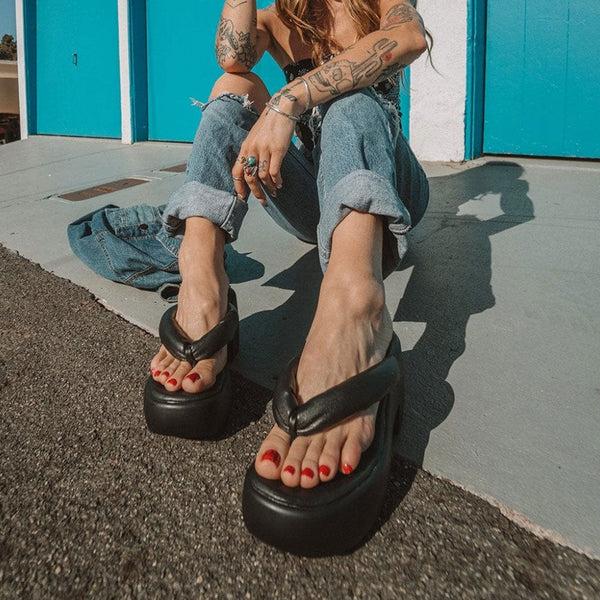 T.u.k Bubble Heel Platform Thongs Black Vegan Leather