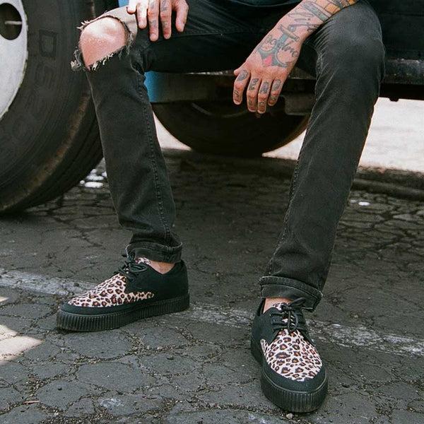 T.u.k Pointed Creeper Sneaker Black Canvas & Leopard Faux Fur