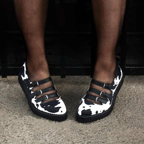 T.u.k Ballet Creeper 3-Strap Black & White Cow Print