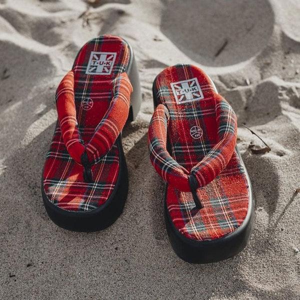 T.u.k Bubble Heel Platform Thongs Red Tartan
