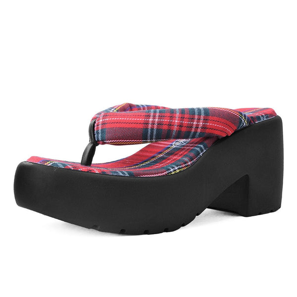 T.u.k Bubble Heel Platform Thongs Red Tartan