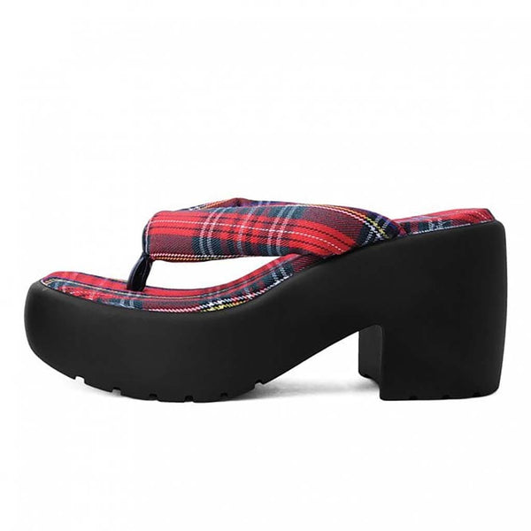 t.u.k Bubble Heel Platform Thongs Red Tartan