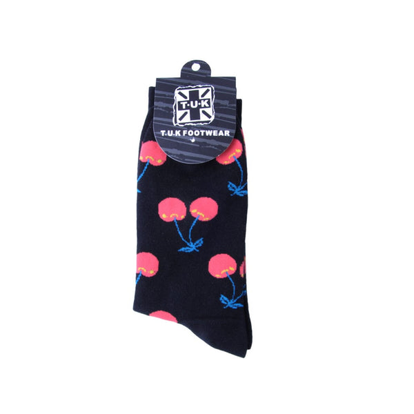 T.u.k Crew Sock Black & Cherry Print Womens