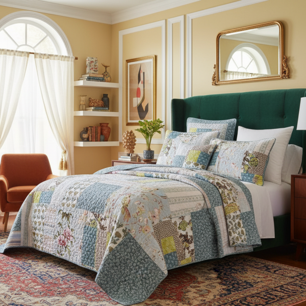 tache home fashion Tache 2-3 Piece Cotton Sky Breeze Pastel Blue Patchwork Quilt Set (JHW-684)