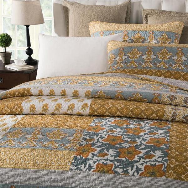 Tache Home Fashion Tache 2-3 Piece Gilded Garden 100% Cotton Floral Gold Quilt Bedspread Set (JHW-631)