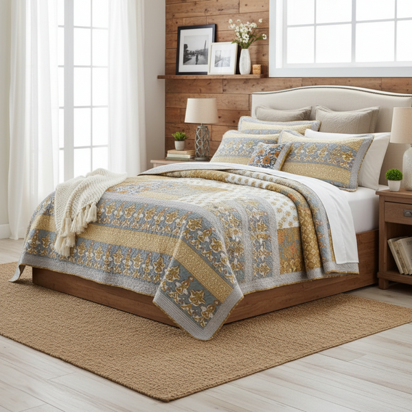 tache home fashion Tache 2-3 Piece Gilded Garden 100% Cotton Floral Gold Quilt Bedspread Set (JHW-631)