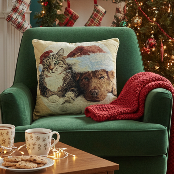 Tache Home Fashion Tache Best Friend Pets Dog And Cat Christmas Tapestry Woven Throw Pillow Cover (16461)