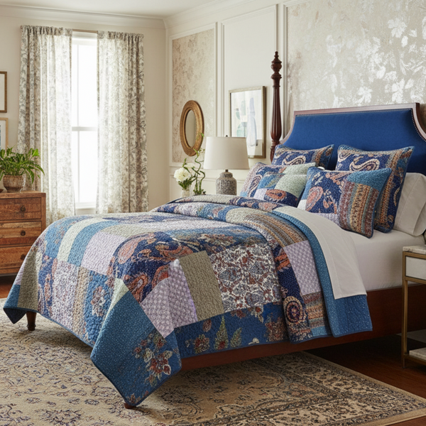 Tache Home Fashion Tache Bohemian Night Flower Paisley Floral Navy Blue Pastel Cotton Patchwork Quilt Set (JHW-882)
