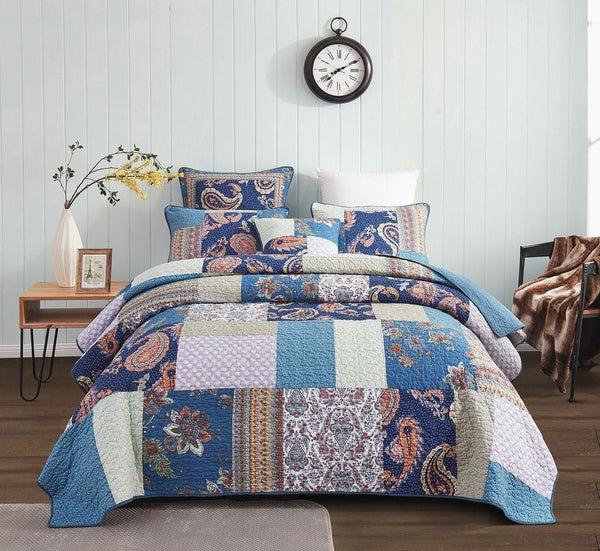 tache home fashion Tache Bohemian Night Flower Paisley Floral Navy Blue Pastel Cotton Patchwork Quilt Set (JHW-882)