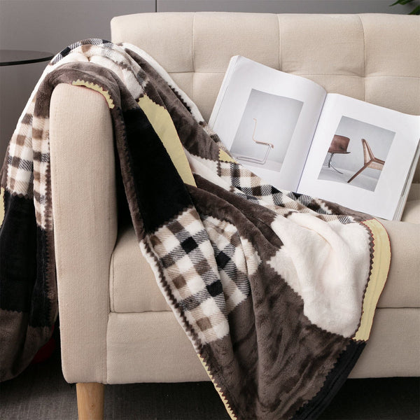 Tache Home Fashion Tache Buttermilk Fall Yellow Brown Farmhouse Super Soft Plaid Patchwork Throw Blanket (4026)