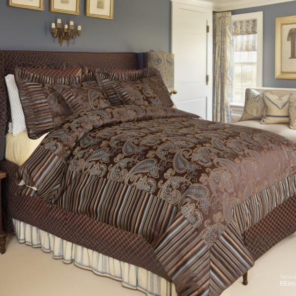 tache home fashion Tache Chenille Elegant Paisley Floral Striped Brown Blue Eastern Comforter Set With Zipper Cover (14070)