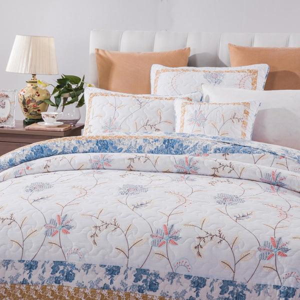 Tache Home Fashion Tache Coastal Cottage Embroidered White Blue Yellow Floral Cotton Patchwork Quilt Set (JHW-668)