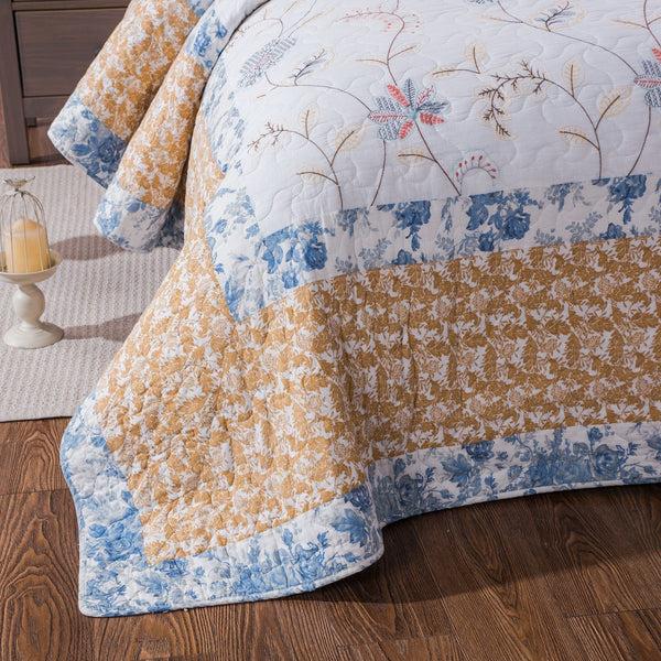 Tache Home Fashion Tache Coastal Cottage Embroidered White Blue Yellow Floral Cotton Patchwork Quilt Set (JHW-668)