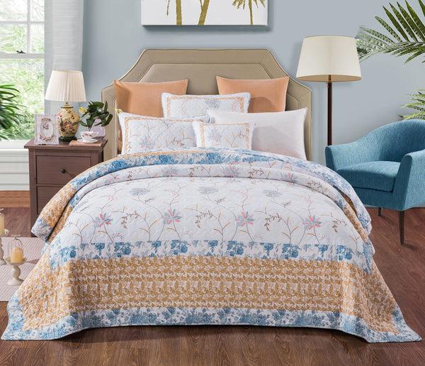 tache home fashion Tache Coastal Cottage Embroidered White Blue Yellow Floral Cotton Patchwork Quilt Set (JHW-668)