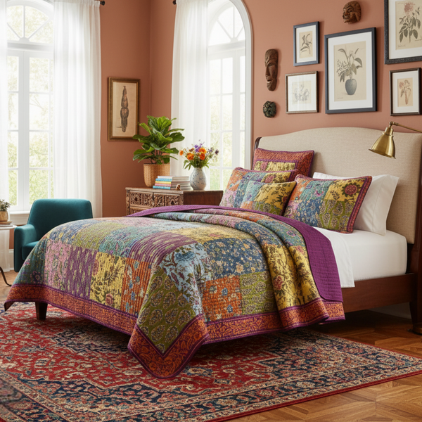 tache home fashion Tache Cotton Bohemian Carnival Garden Quilted Patchwork Bedspread Set (JHW-676)