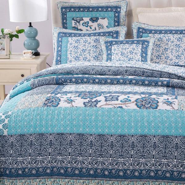 Tache Home Fashion Tache Cotton Floral Patchwork Blue Elegance Bedspread Coverlet Quilt Set (JHW-657)