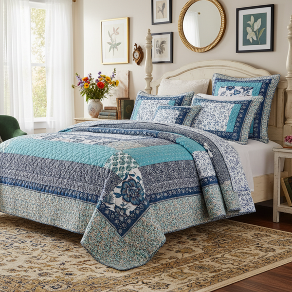 tache home fashion Tache cotton Floral Patchwork Blue Elegance Bedspread Coverlet Quilt Set (JHW-657)
