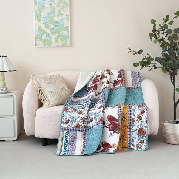 Tache Home Fashion Tache Cotton Patchwork Old World Garden Pastel Blue Yellow Red Hummingbirds Quilted Throw Blanket (JHW-936)