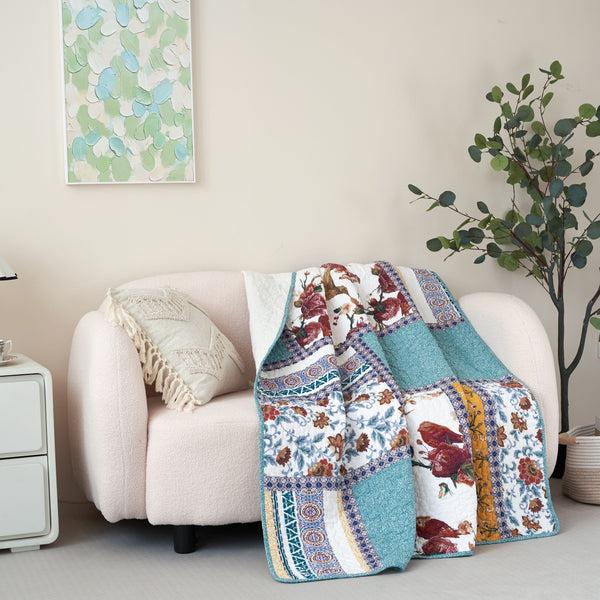 Tache Home Fashion Tache Cotton Patchwork Old World Garden Pastel Blue Yellow Red Hummingbirds Quilted Throw Blanket (JHW-936)