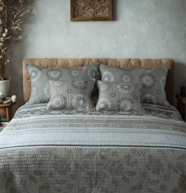 tache home fashion Tache Cotton Taupe Beige Striped Floral Geometric Starburst Quilt Set (DXJ107076)